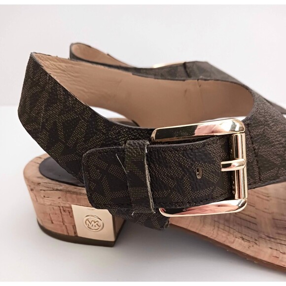 Michael Kors Thong Sandal Brown MK Logo Cork Block Heel Buckle Ankle Strap Sz 6 - Picture 2 of 12